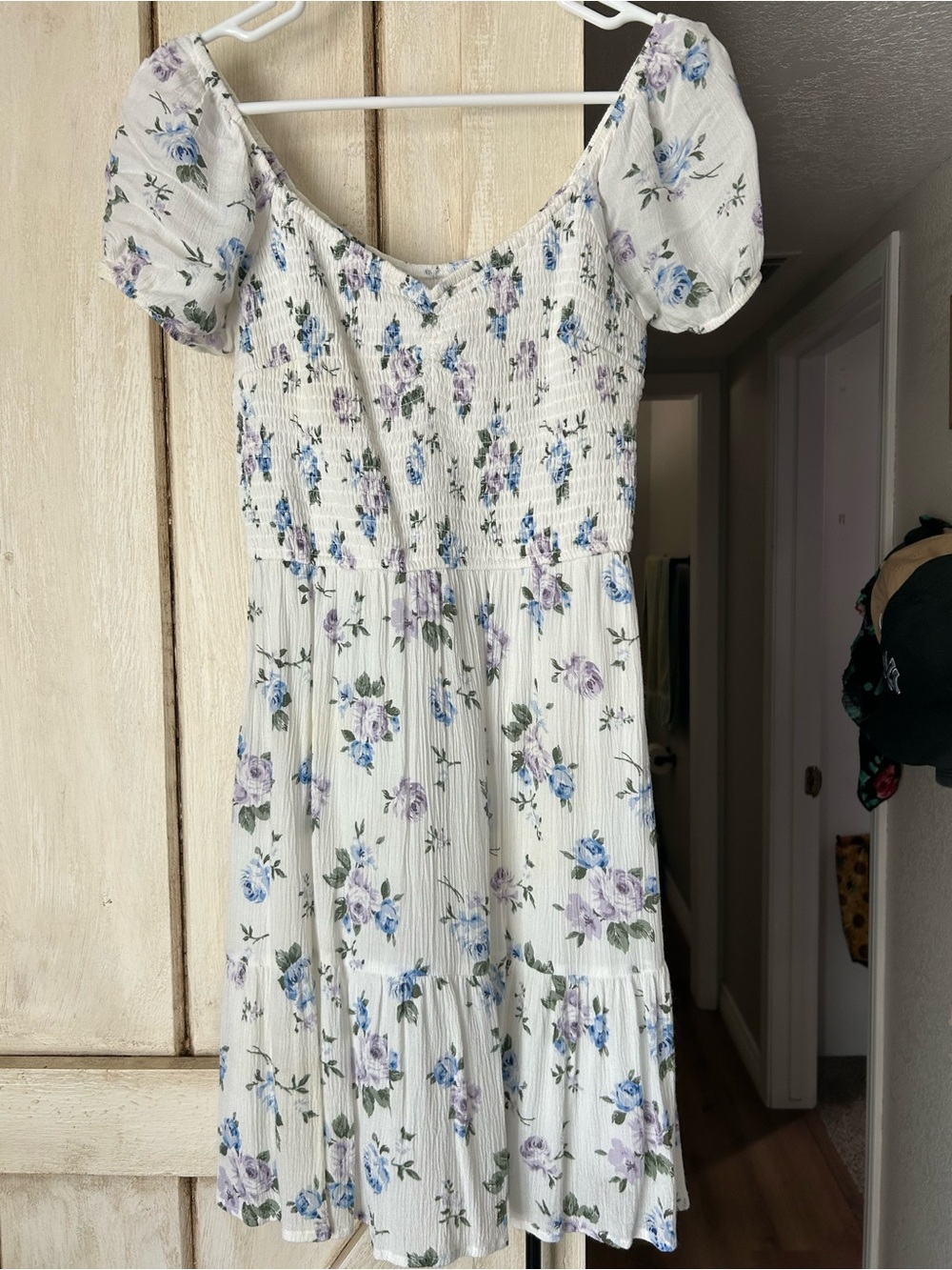 Hollister White Floral Mini Dress with Blue & Lavender Roses